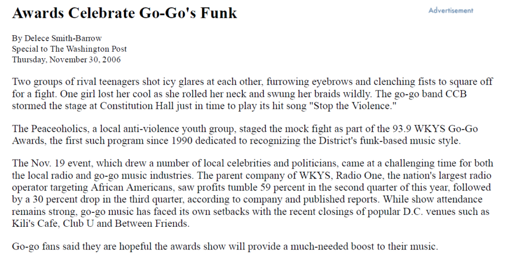 Awards Celebrate Go-Go’s Funk - Washington Post
